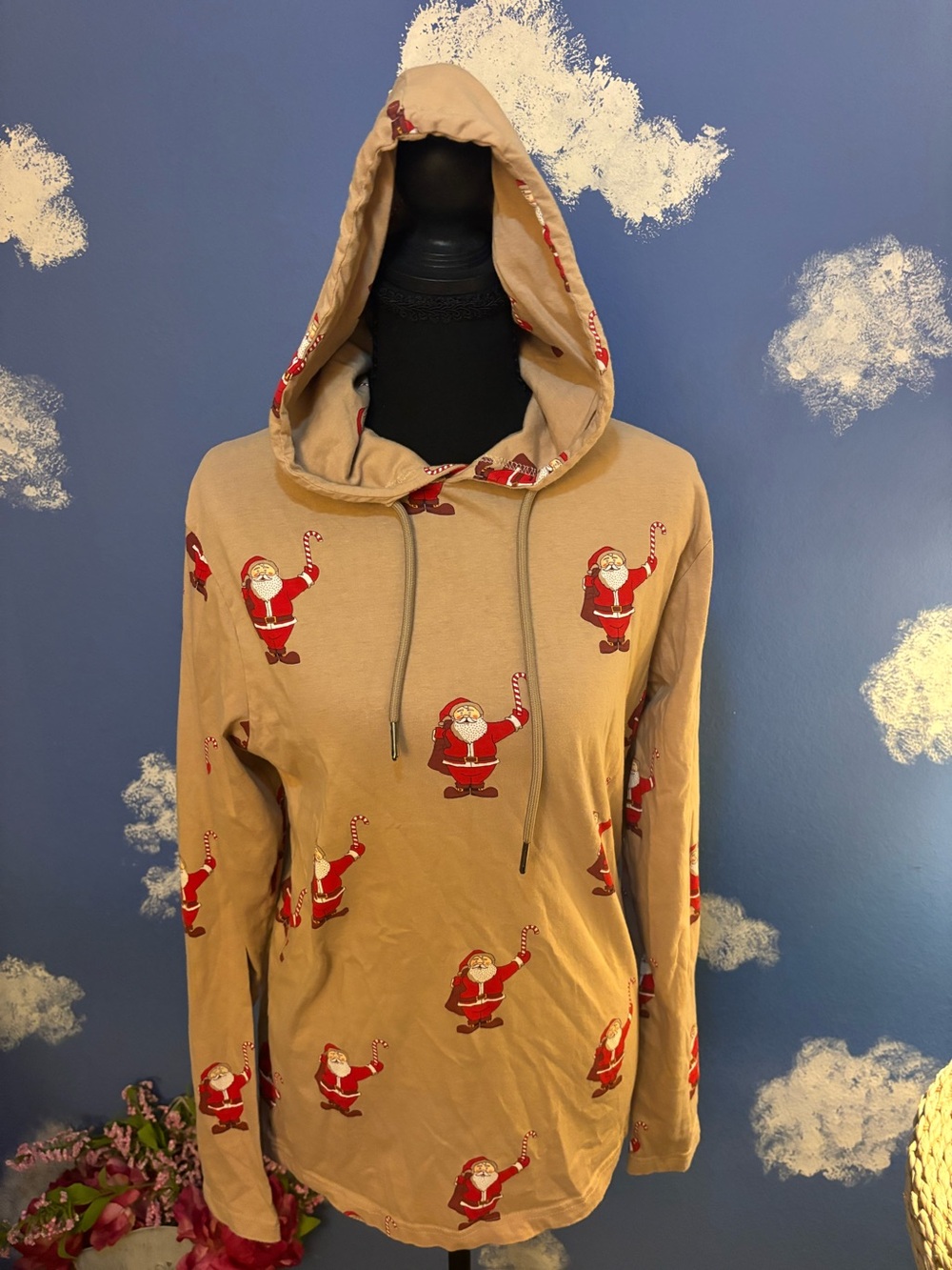 Denim & Flowers Tan Santa Hoodie by RICKY SINGH Size Small, **2 Small Holes